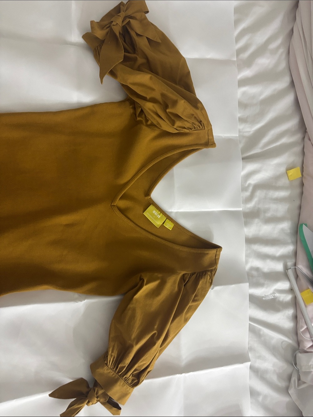 Anthropologie Mustard Puff-Sleeve V-Neck Top with Tie Cuffs